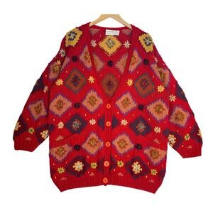 Peruvian Connection 100% Merino Wool Handknit Oversized Cardigan Sweater sz L